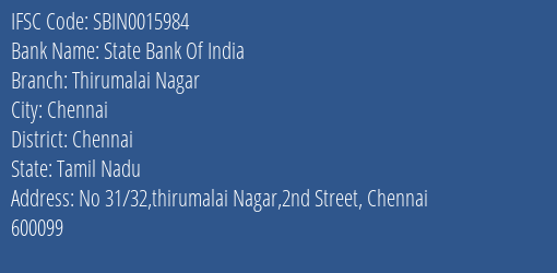 State Bank Of India Thirumalai Nagar Branch Chennai IFSC Code SBIN0015984