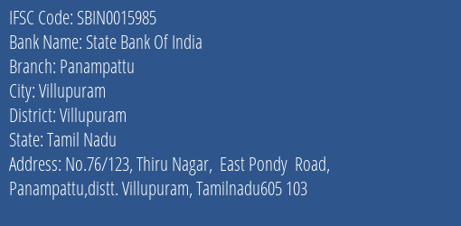 State Bank Of India Panampattu Branch, Branch Code 015985 & IFSC Code Sbin0015985