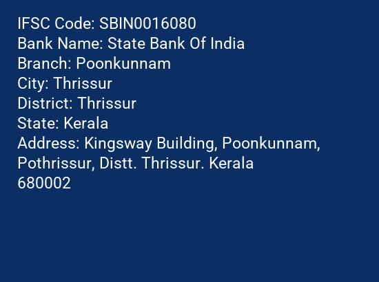 State Bank Of India Poonkunnam Branch IFSC Code