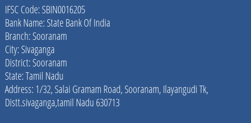 State Bank Of India Sooranam Branch Sooranam IFSC Code SBIN0016205