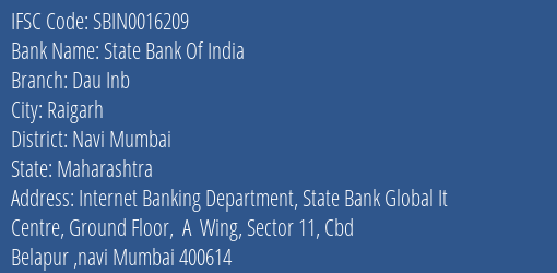 State Bank Of India Dau Inb Branch, Branch Code 016209 & IFSC Code SBIN0016209