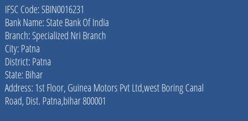State Bank Of India Specialized Nri Branch Branch Patna IFSC Code SBIN0016231
