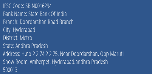 State Bank Of India Doordarshan Road Branch Branch Metro IFSC Code SBIN0016294