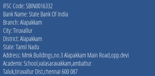 State Bank Of India Alapakkam Branch Alapakkam IFSC Code SBIN0016332