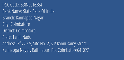 State Bank Of India Kannappa Nagar Branch Coimbatore IFSC Code SBIN0016384