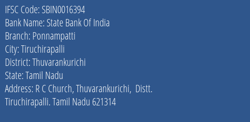 State Bank Of India Ponnampatti Branch Thuvarankurichi IFSC Code SBIN0016394