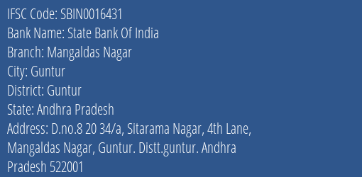 State Bank Of India Mangaldas Nagar Branch Guntur IFSC Code SBIN0016431