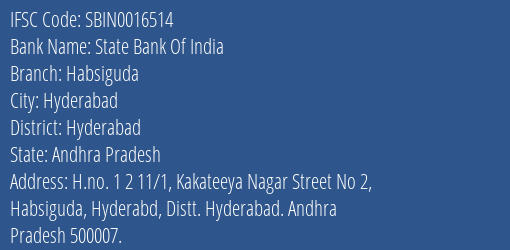 State Bank Of India Habsiguda Branch Hyderabad IFSC Code SBIN0016514
