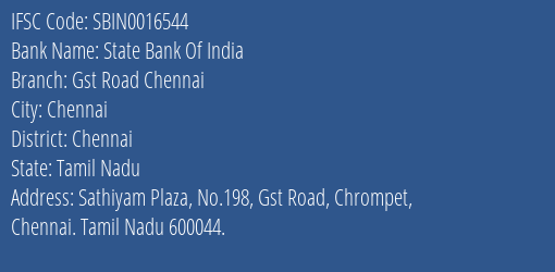 State Bank Of India Gst Road Chennai Branch, Branch Code 016544 & IFSC Code Sbin0016544