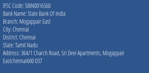 State Bank Of India Mogappair East Branch Chennai IFSC Code SBIN0016560