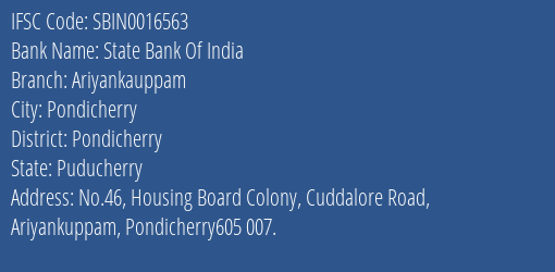 State Bank Of India Ariyankauppam Branch Pondicherry IFSC Code SBIN0016563