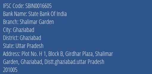 State Bank Of India Shalimar Garden Branch Ghaziabad IFSC Code SBIN0016605