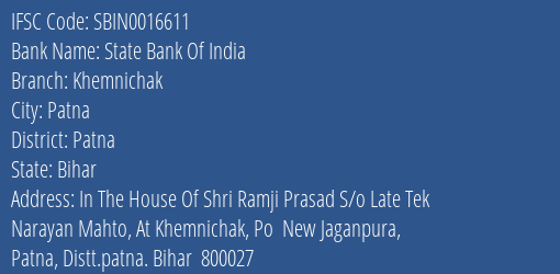 State Bank Of India Khemnichak Branch, Branch Code 016611 & IFSC Code Sbin0016611
