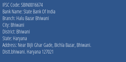 State Bank Of India Halu Bazar Bhiwani Branch, Branch Code 016674 & IFSC Code SBIN0016674