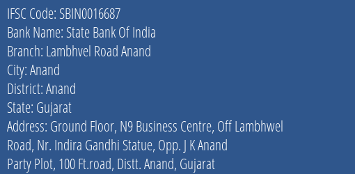 State Bank Of India Lambhvel Road Anand Branch Anand IFSC Code SBIN0016687