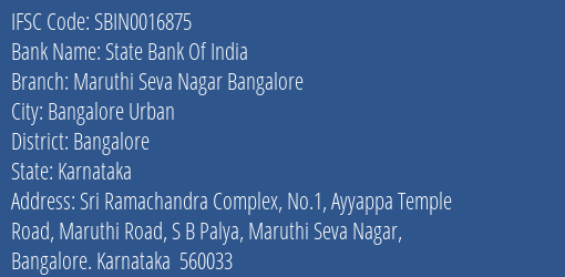 State Bank Of India Maruthi Seva Nagar Bangalore Branch Bangalore IFSC Code SBIN0016875