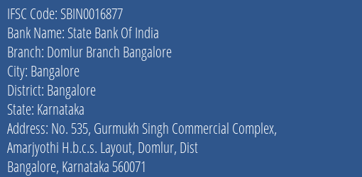 State Bank Of India Domlur Branch Bangalore Branch, Branch Code 016877 & IFSC Code Sbin0016877