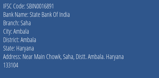 State Bank Of India Saha Branch Ambala IFSC Code SBIN0016891
