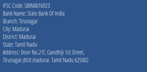 State Bank Of India Tirunagar Branch Madurai IFSC Code SBIN0016923