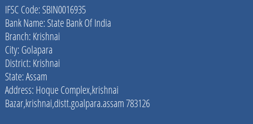 State Bank Of India Krishnai Branch Krishnai IFSC Code SBIN0016935