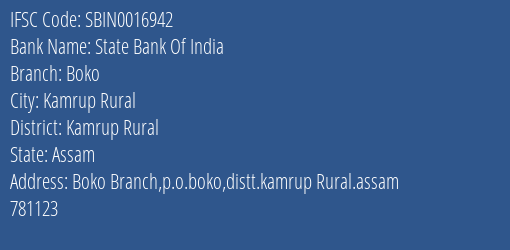 State Bank Of India Boko Branch Kamrup Rural IFSC Code SBIN0016942