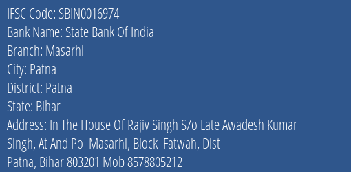 State Bank Of India Masarhi Branch Patna IFSC Code SBIN0016974