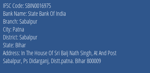 State Bank Of India Sabalpur Branch Sabalpur IFSC Code SBIN0016975