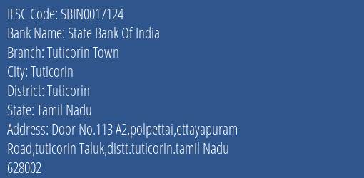 State Bank Of India Tuticorin Town Branch Tuticorin IFSC Code SBIN0017124