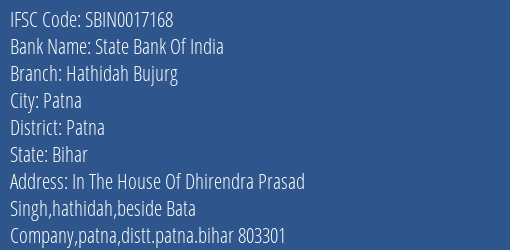 State Bank Of India Hathidah Bujurg Branch Patna IFSC Code SBIN0017168