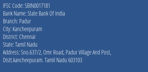 State Bank Of India Padur Branch Chennai IFSC Code SBIN0017181