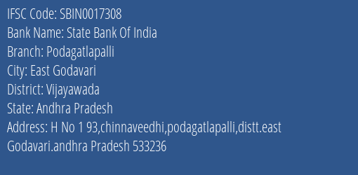 State Bank Of India Podagatlapalli Branch, Branch Code 017308 & IFSC Code SBIN0017308