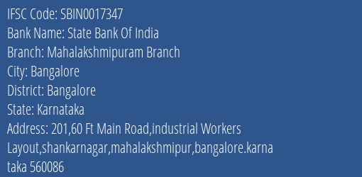 State Bank Of India Mahalakshmipuram Branch Branch Bangalore IFSC Code SBIN0017347