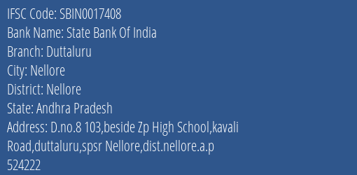 State Bank Of India Duttaluru Branch Nellore IFSC Code SBIN0017408