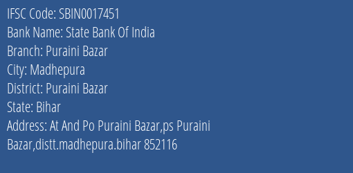 State Bank Of India Puraini Bazar Branch Puraini Bazar IFSC Code SBIN0017451