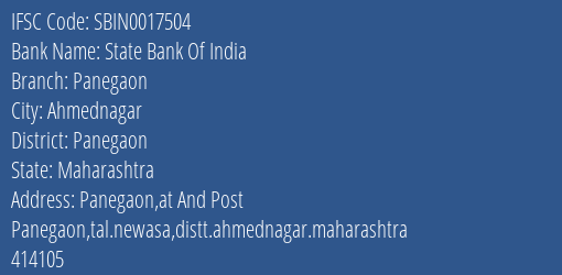 State Bank Of India Panegaon Branch Panegaon IFSC Code SBIN0017504