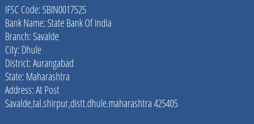 State Bank Of India Savalde Branch Aurangabad IFSC Code SBIN0017525