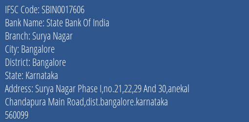 State Bank Of India Surya Nagar Branch Bangalore IFSC Code SBIN0017606