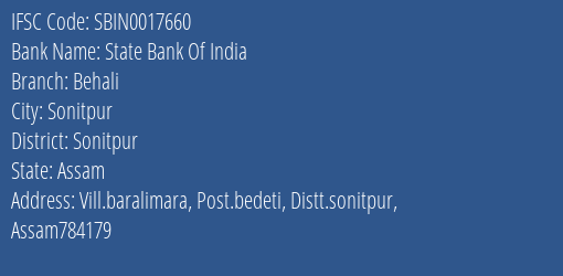 State Bank Of India Behali Branch Sonitpur IFSC Code SBIN0017660