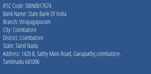 State Bank Of India Vinayagapuram Branch Coimbatore IFSC Code SBIN0017674