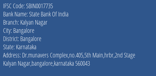 State Bank Of India Kalyan Nagar Branch Bangalore IFSC Code SBIN0017735