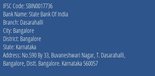 State Bank Of India Dasarahalli Branch Bangalore IFSC Code SBIN0017736