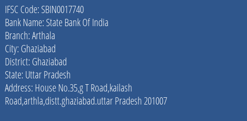 State Bank Of India Arthala Branch Ghaziabad IFSC Code SBIN0017740