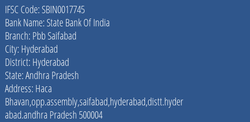 State Bank Of India Pbb Saifabad Branch Hyderabad IFSC Code SBIN0017745