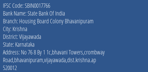 State Bank Of India Housing Board Colony Bhavanipuram Branch, Branch Code 017766 & IFSC Code SBIN0017766