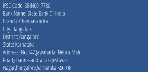 State Bank Of India Channasandra Branch Bangalore IFSC Code SBIN0017780