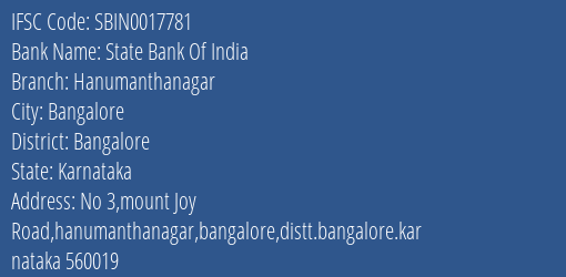 State Bank Of India Hanumanthanagar Branch Bangalore IFSC Code SBIN0017781
