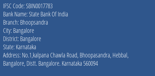 State Bank Of India Bhoopsandra Branch Bangalore IFSC Code SBIN0017783