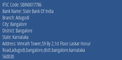 State Bank Of India Adugodi Branch Bangalore IFSC Code SBIN0017786