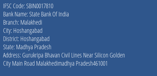 State Bank Of India Malakhedi Branch Hoshangabad IFSC Code SBIN0017810