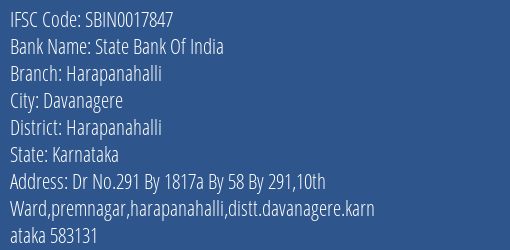 State Bank Of India Harapanahalli Branch Harapanahalli IFSC Code SBIN0017847